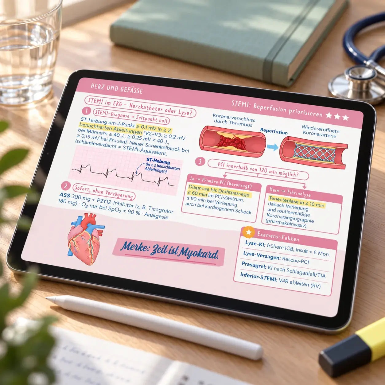 Die Lernkarte STEMI: Reperfusion priorisieren auf einem Tablet am Schreibtisch