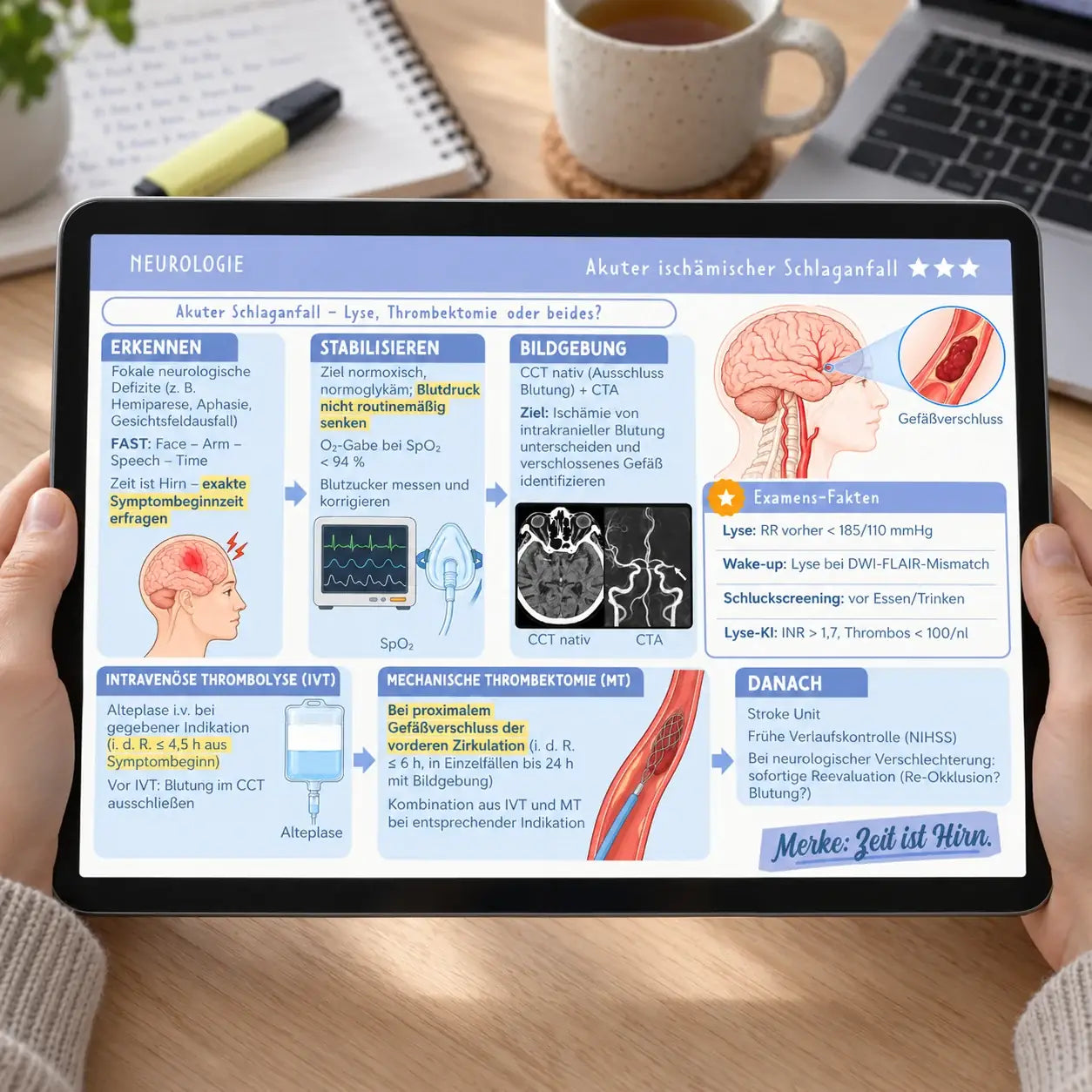 Die Lernkarte zum akuten ischämischen Schlaganfall auf dem Tablet beim Lernen
