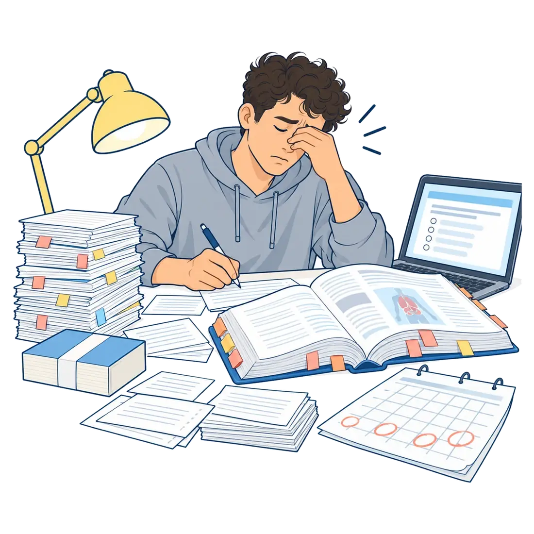 Ein Medizinstudent schreibt spätabends Karteikarten neben Lehrbuch, Laptop und Kalender