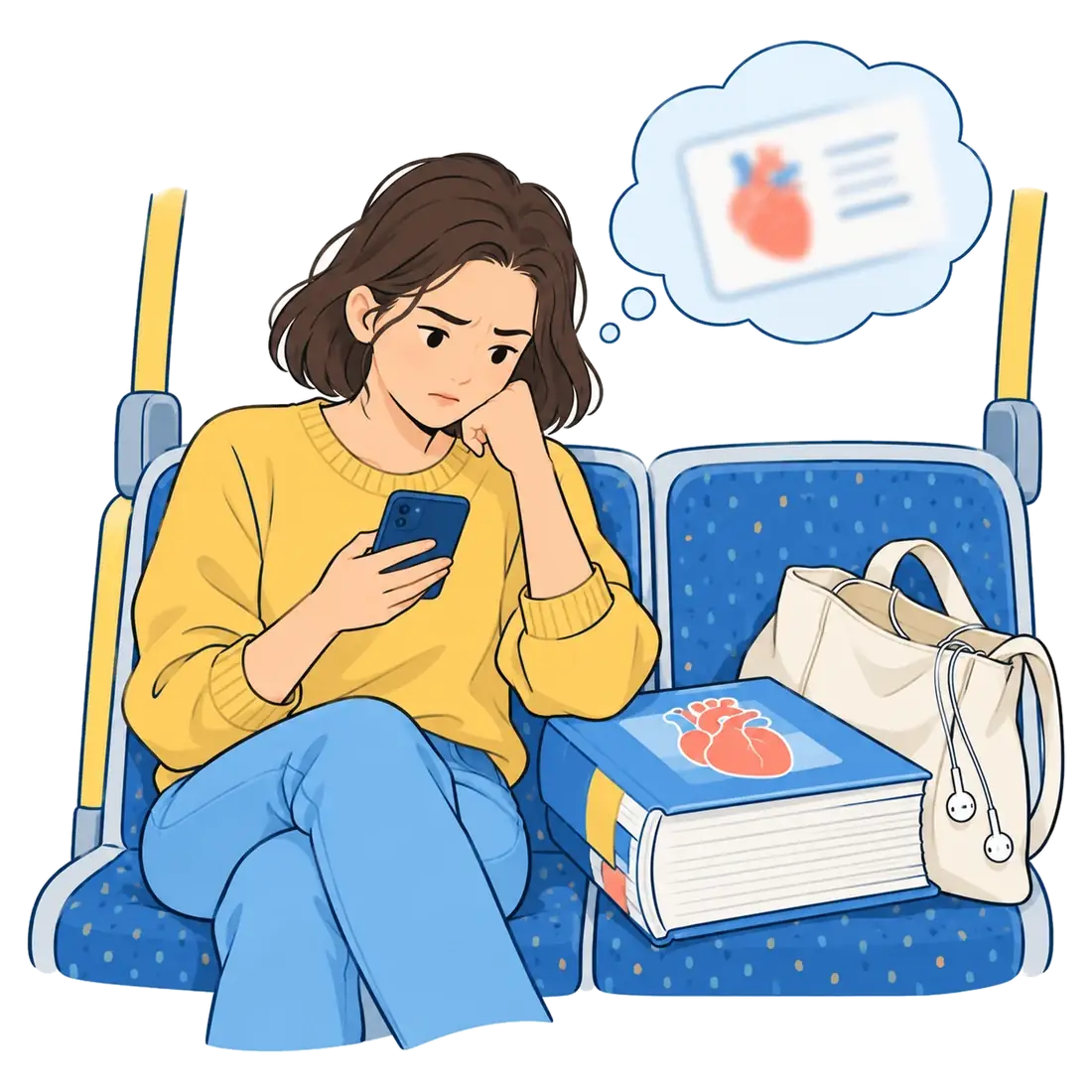 Eine Medizinstudentin in der Straßenbahn schaut auf ihr Smartphone, ein Detail entgleitet ihr