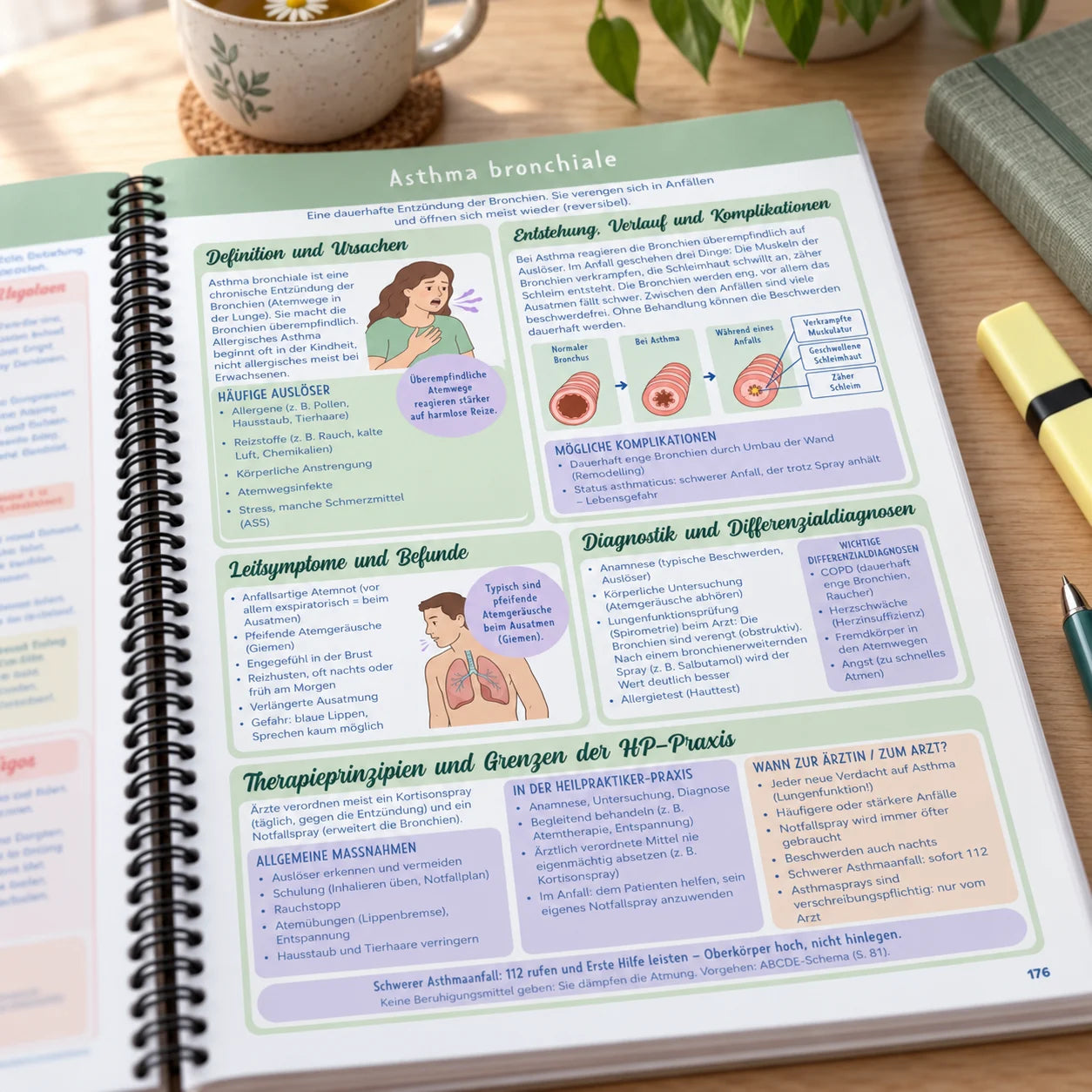 Das aufgeschlagene Buch auf dem Schreibtisch, Seite zu Asthma bronchiale mit Therapieprinzipien und Grenzen der HP-Praxis