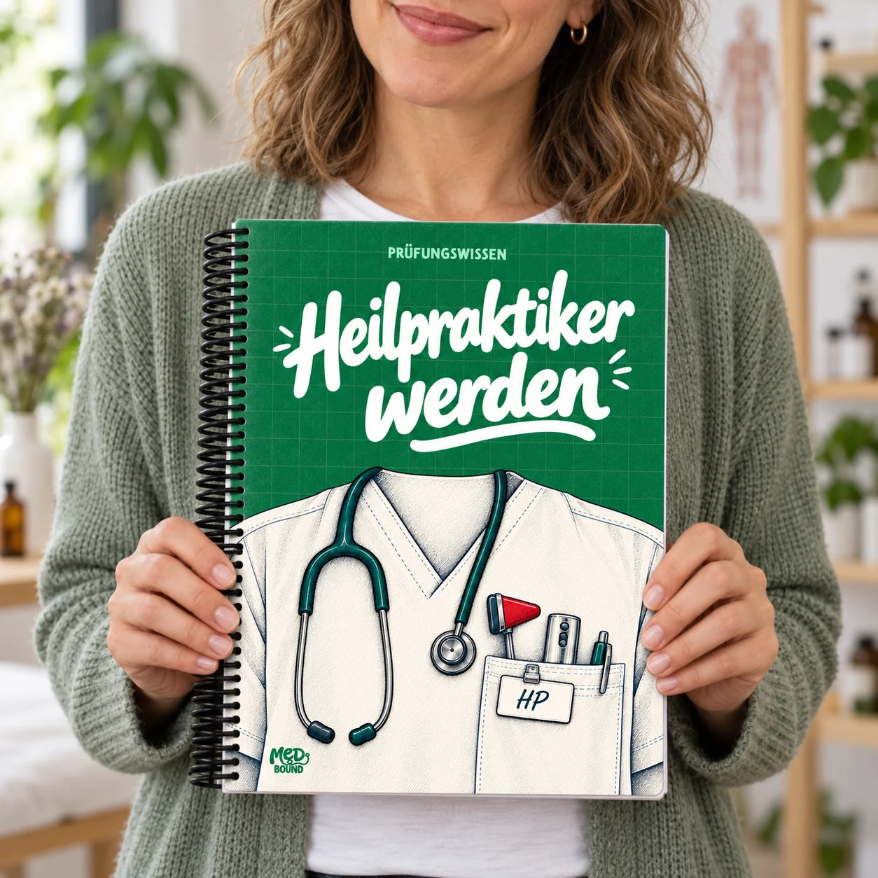 Eine angehende Heilpraktikerin hält Heilpraktiker werden in den Händen