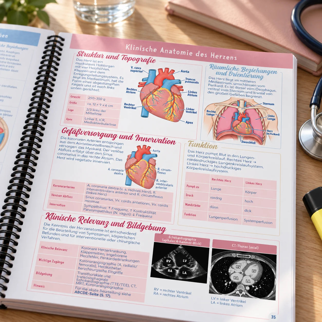 Das aufgeschlagene Buch auf dem Schreibtisch, Seite zur klinischen Anatomie des Herzens
