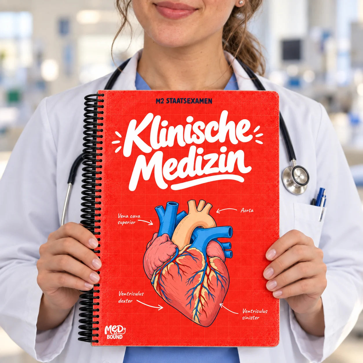 Eine junge Ärztin hält Klinische Medizin in den Händen