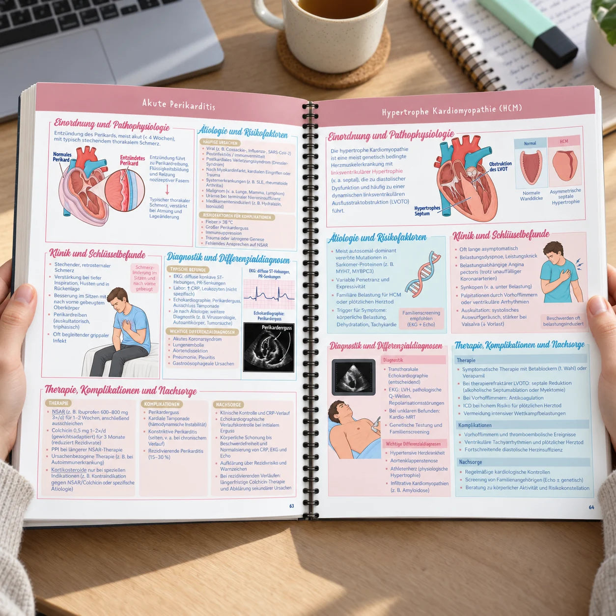 Das Buch beim Lernen aufgeschlagen: akute Perikarditis und hypertrophe Kardiomyopathie