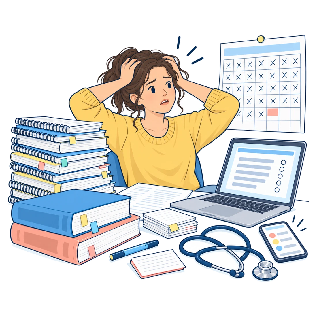Medizinstudentin zwischen Skripten, Lehrbüchern, Lernkalender und Kreuzfragen am Laptop