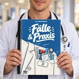 Ein junger Arzt hält Fälle & Praxis in den Händen