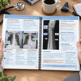 Das Buch beim Lernen aufgeschlagen: Röntgen-Thorax mit Pneumothorax und Pleuraerguss sowie eine Frakturaufnahme