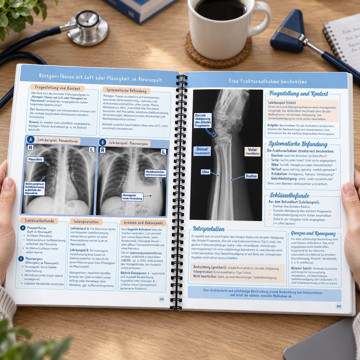 Das Buch beim Lernen aufgeschlagen: Röntgen-Thorax mit Pneumothorax und Pleuraerguss sowie eine Frakturaufnahme